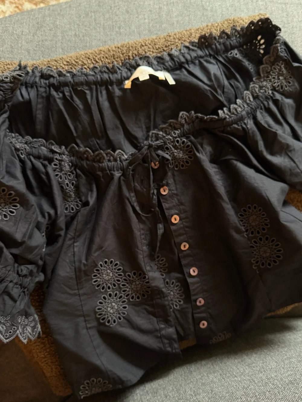 LoveShackFancy Eyelet Button-Front Puff Sleeve Top